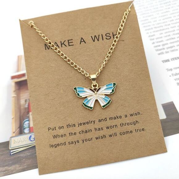 2/$30 Butterfly Wish Necklace Necklace Gold Tone Blue Memory Love Spring Summer - Picture 1 of 4